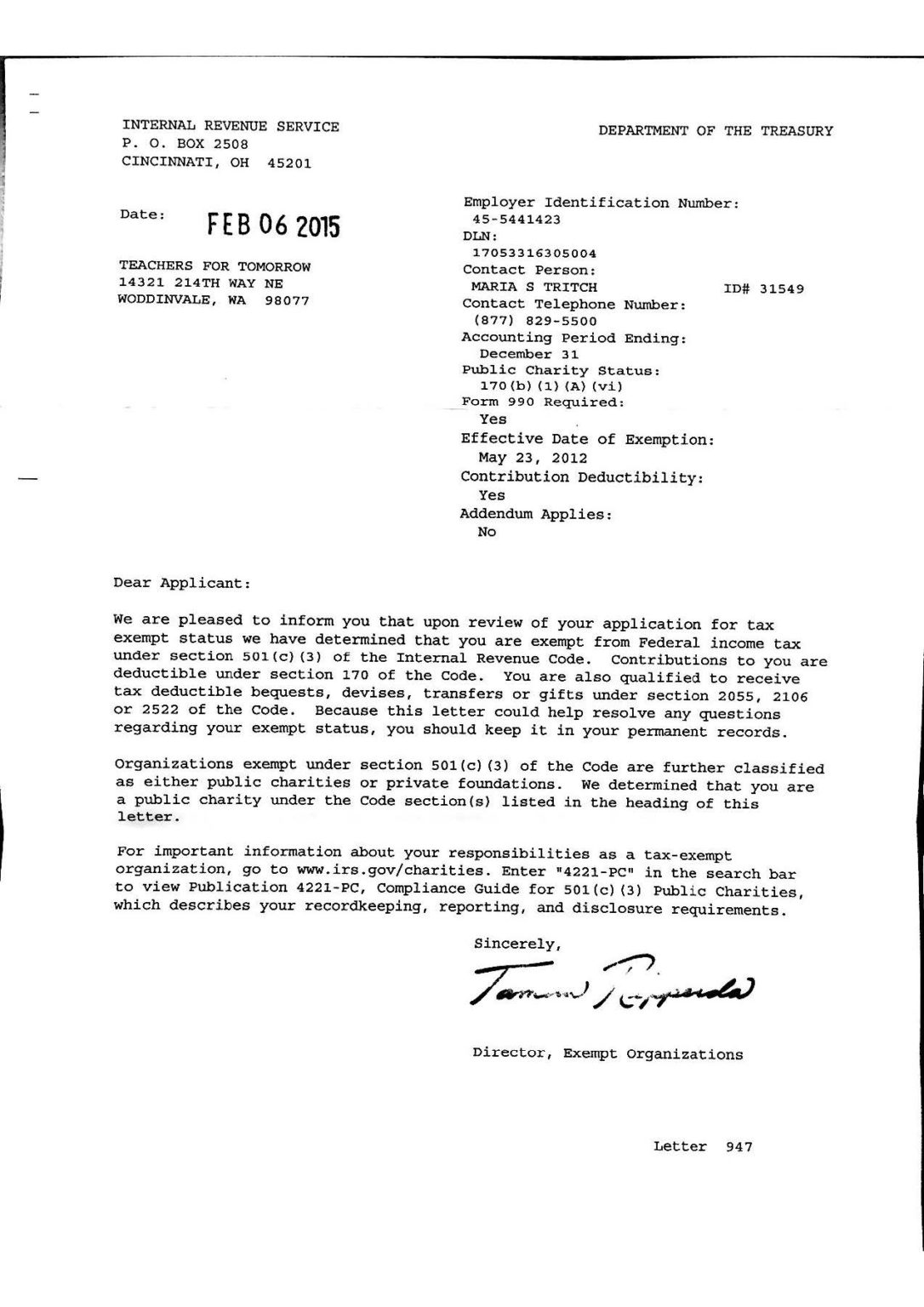 IRS Document - Teachers for Tomorrow Foundation